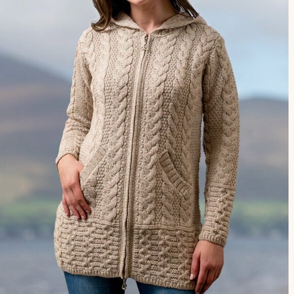 Aran Ireland Sweater Coat Jacket Coatigan Merino Wool Cable Knit Zip Small - Picture 1 of 14